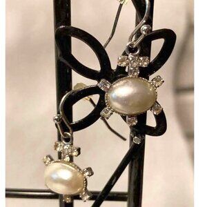 STERLING SILVER, WHITE ZIRCON AND FAUX PEARL HANGER EARRINGS